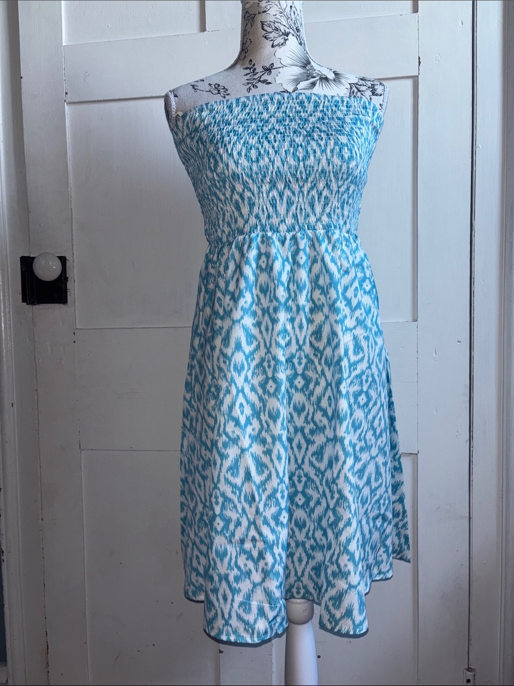 Blue Ikat Strapless Summer Dress Size Large / XL